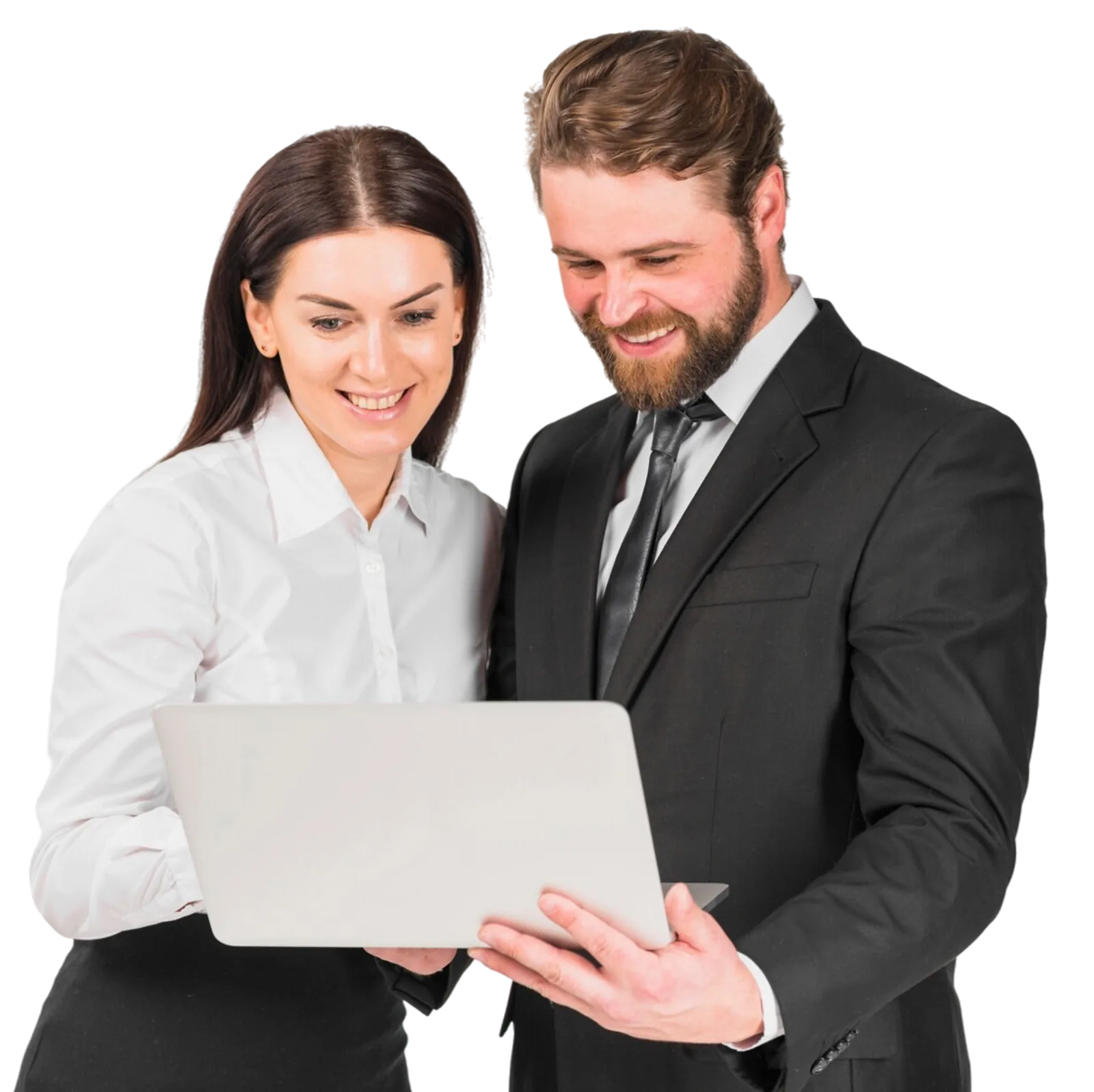 Colleagues smiling while looking at a laptop together