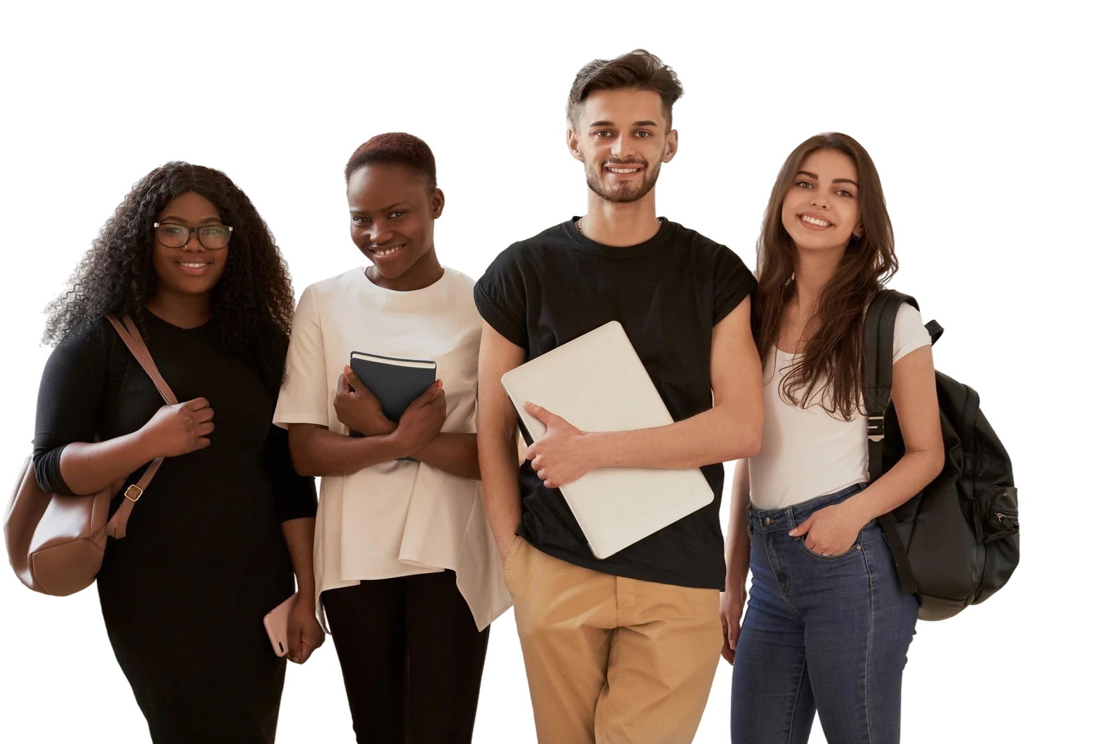 Happy students with backpacks smiling together